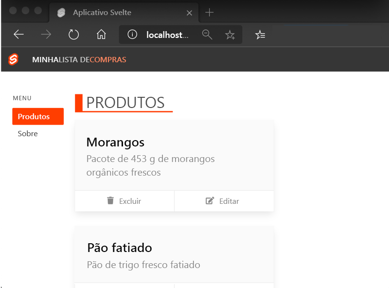 Captura de tela ilustrando o aplicativo de exemplo do Svelte.