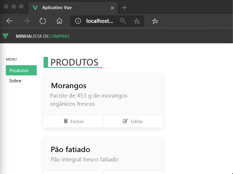 Uma captura de tela ilustrando o aplicativo de exemplo do Vue.