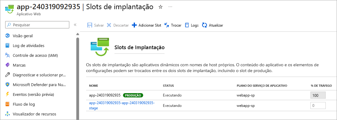 Captura de tela de troca de slots de implantação usando o portal do Azure.