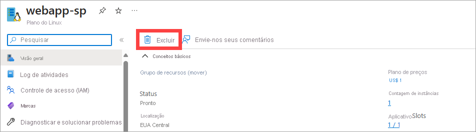 Captura de tela da portal do Azure. O usuário está excluindo o plano do serviço de aplicativo.