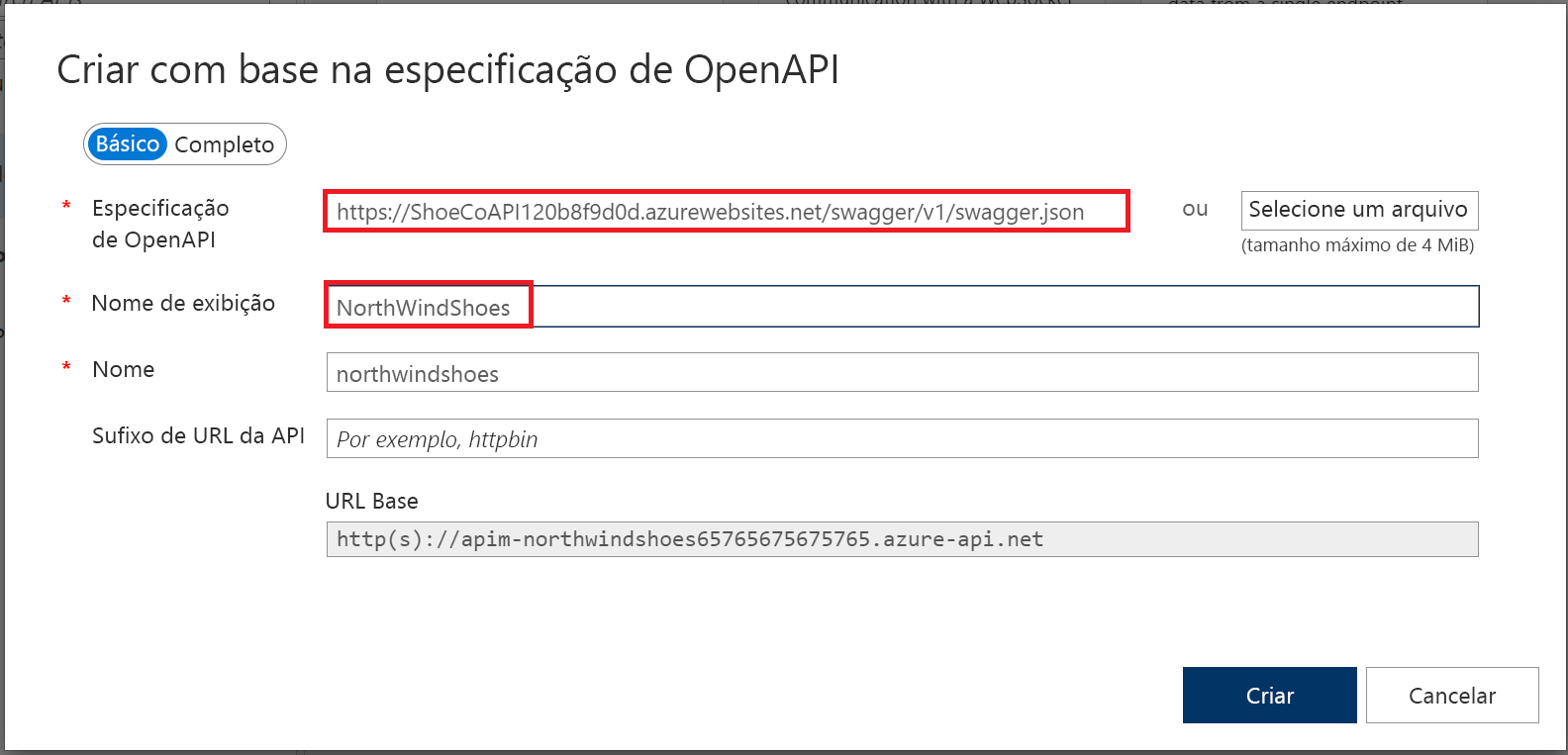 Captura de tela da criação com base nas configurações de importação de especificação OpenAPI com a especificação OpenAPI e os campos de nome de exibição realçados.