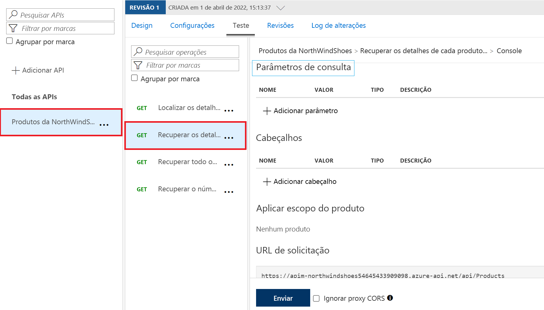 Captura de tela da configuração de API do portal do Azure mostrando um teste de solicitação GET realçado em uma API importada.