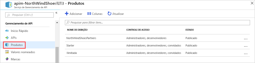 Captura de tela do portal do Azure mostrando a seção Gerenciamento de API com produtos realçada.