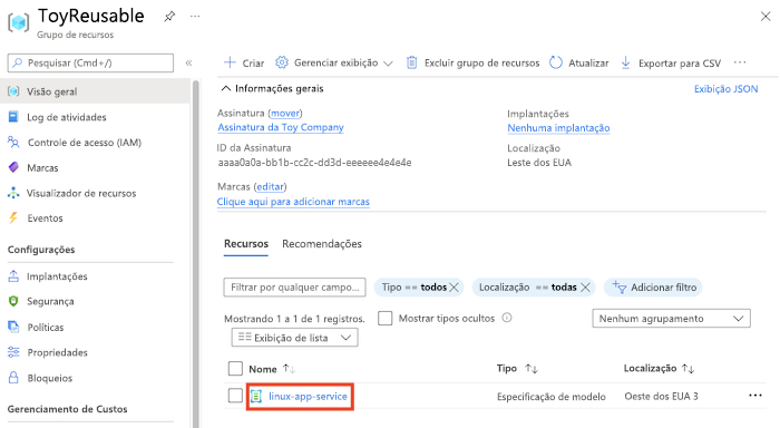 Captura de tela do portal do Azure mostrando o grupo de recursos, com a especificação do modelo realçada.