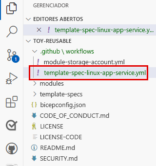 Captura de tela do Visual Studio Code que mostra o local do arquivo de definição do fluxo de trabalho.