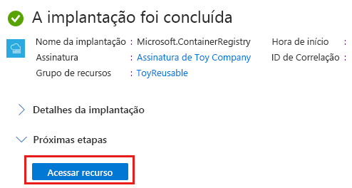 Captura de tela do portal do Azure mostrando a implantação do Registro de Contêiner, com o botão para acessar um recurso realçado.