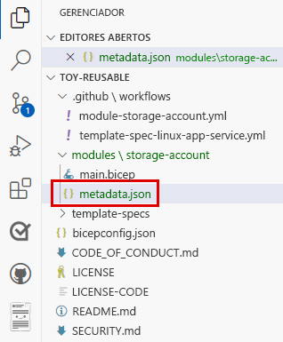 Captura de tela do Visual Studio Code mostrando o local do arquivo J S O N de metadados.