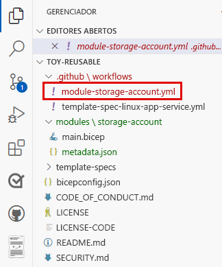 Captura de tela do Visual Studio Code que mostra o local do arquivo de definição do fluxo de trabalho.