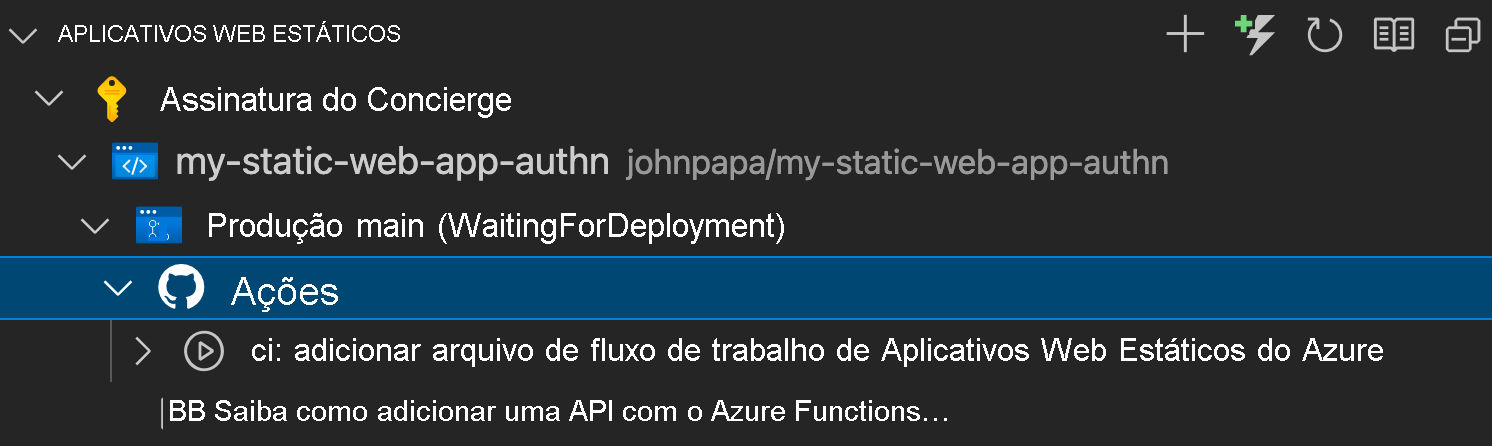 Captura de tela mostrando o menu do GitHub Actions no VS Code.