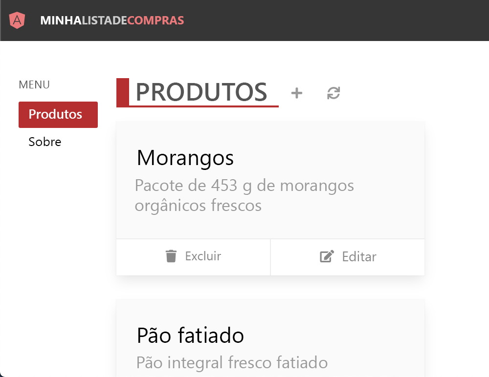 Captura de tela mostrando a interface do usuário do seu aplicativo Web Angular.