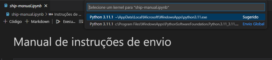 Captura de tela que mostra uma seleção de kernels do Python.