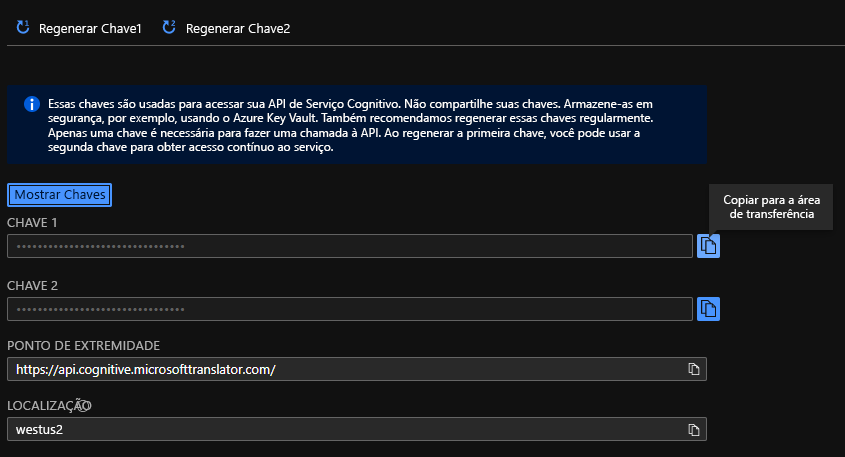 Captura de tela mostrando o dashboard de chaves.