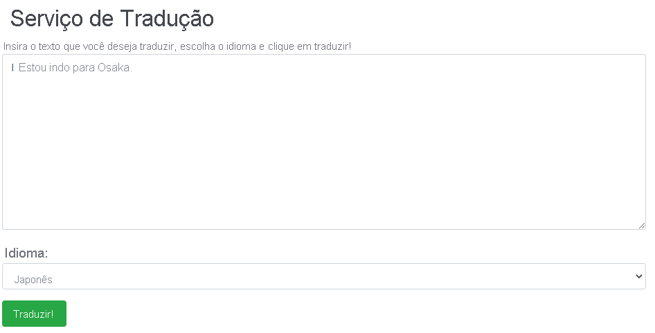 Captura de tela mostrando o formulário de tradução preenchido com texto para tradução que diz 