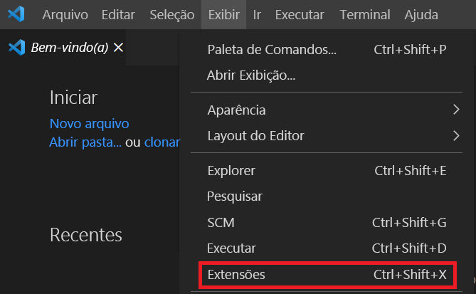 Captura de tela da opção de menu para a exibição Extensões.