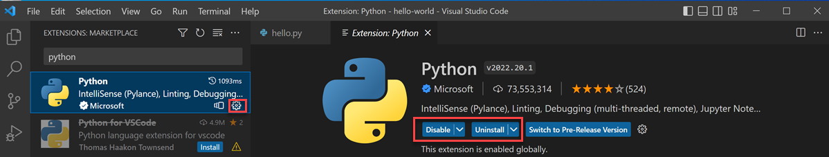 Captura de tela do painel Extensões para Windows com a instalação do Python realçada.