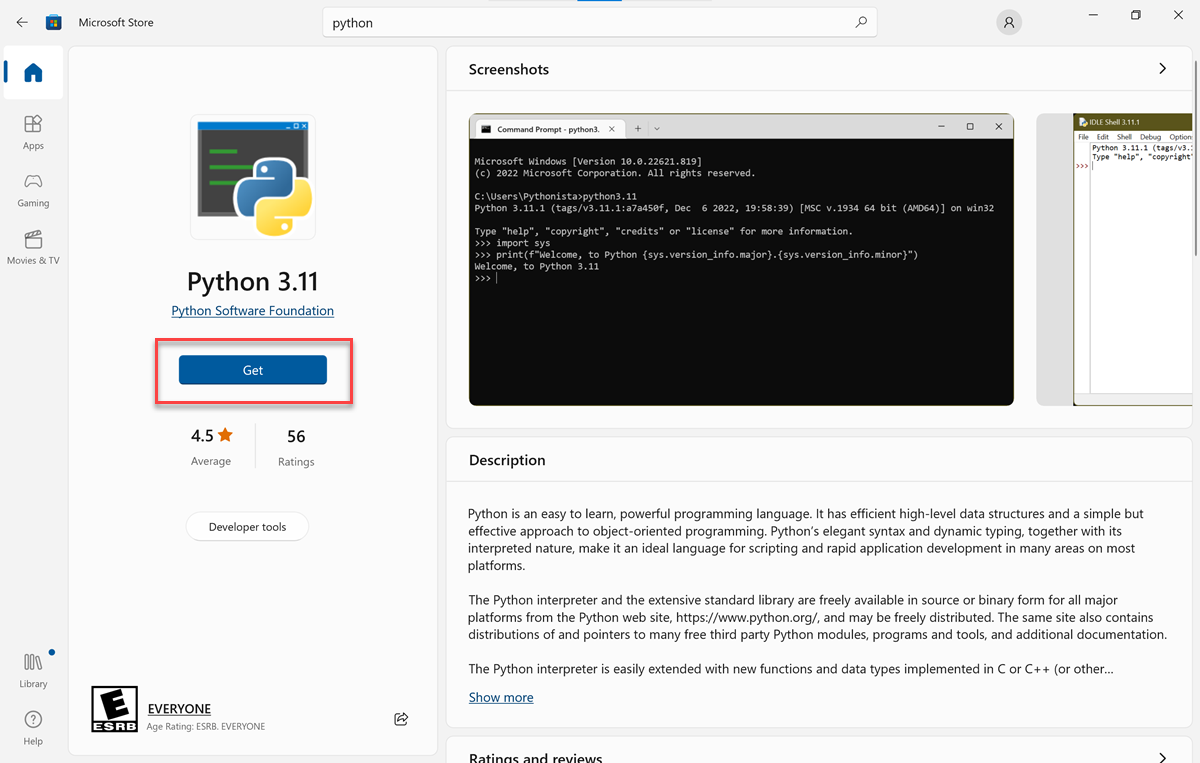 Captura de tela da guia Início do Python na Microsoft Store com Instalar realçado.