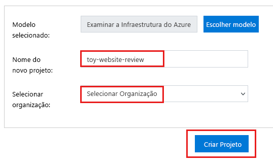 Captura de tela que mostra a criação de um projeto por meio do Gerador de Demonstração do Azure DevOps.