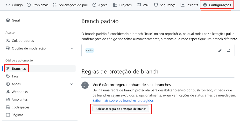 Captura de tela do GitHub que mostra a página para adicionar regras de proteção de branch, com o botão para adicionar uma regra realçado.