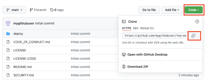 Captura de tela da interface do GitHub mostrando o novo repositório, com o botão de cópia de URL do repositório realçado.