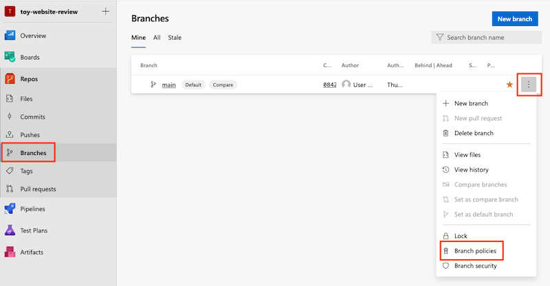 Captura de tela do Azure DevOps que mostra a lista de branches, com o menu de contexto exibido e o item de menu para políticas de branch realçados.