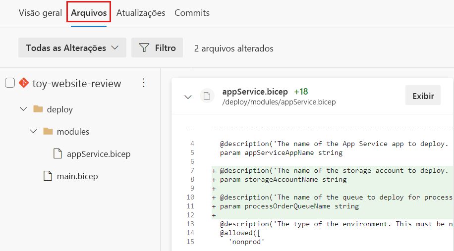 Captura de tela do Azure DevOps que mostra os arquivos alterados na solicitação de pull.