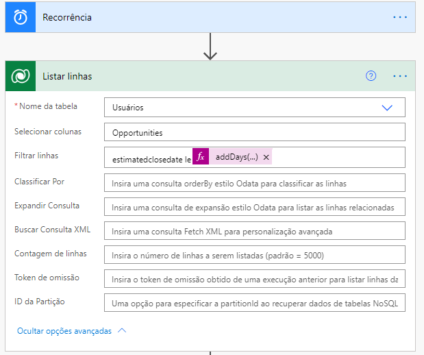 A consulta com filtro é definida como estimatedclosedate le addDays(...).