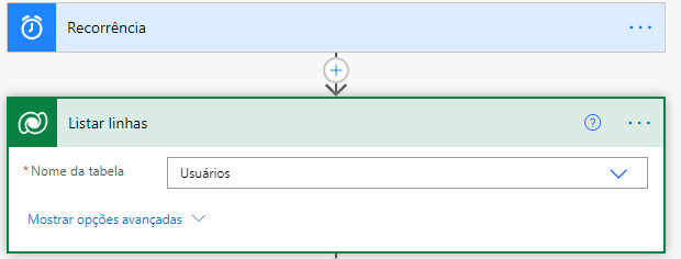 A ação Listar registros tem o Nome da tabela definido como Oportunidades.