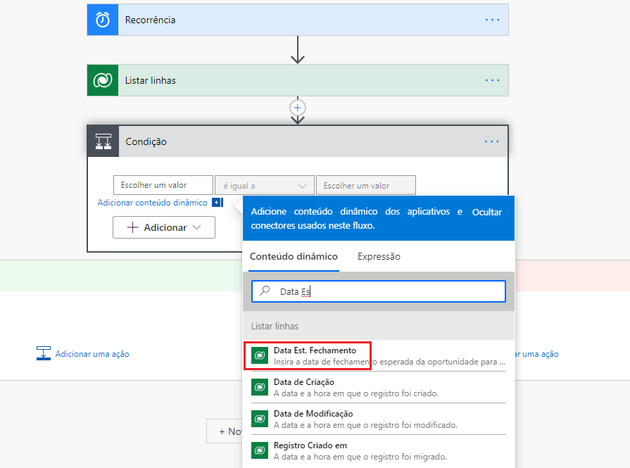 O valor da condição é selecionado e a janela Conteúdo dinâmico tem a data de fechamento do termo da pesquisa.