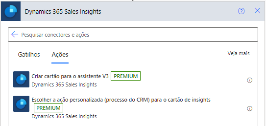 Dynamics 365 Sales Insights na guia Ações da pesquisa mostrando a versão preliminar de ações personalizadas.