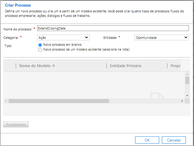 Insira o nome como ExtendClosingDate e selecione Categoria como Ação e tabela como Oportunidade.