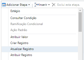 O menu Adicionar Etapa tem Atualizar Registro selecionado.