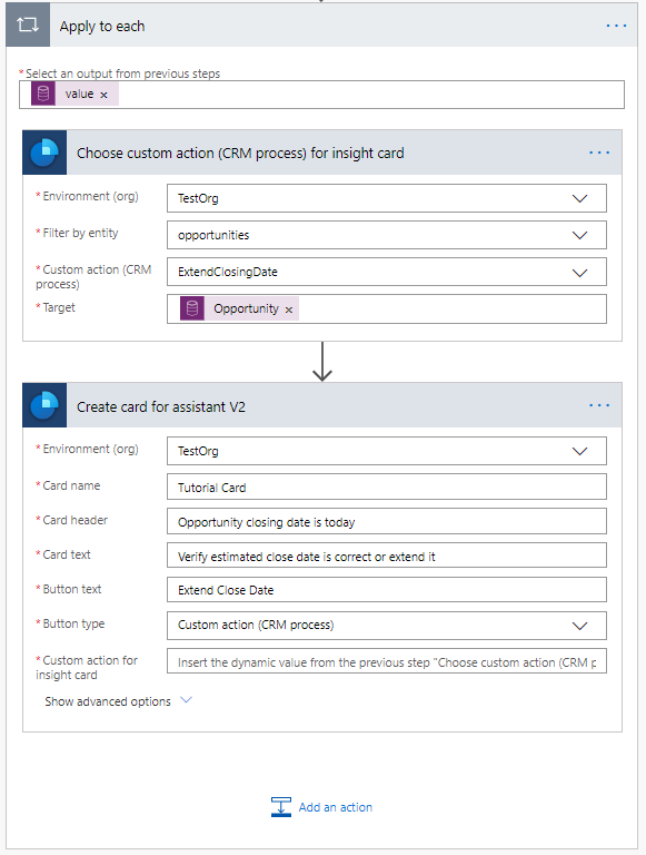 Adicione Criar cartão para o assistente V2 abaixo de Escolher uma ação personalizada (processo do CRM) para o cartão de insights.