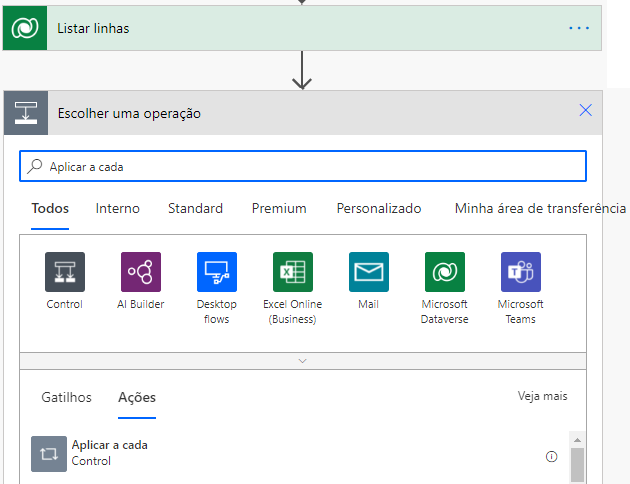 Em Listar registros, em Escolher uma ação, os resultados da pesquisa para aplicar a cada um aparecem na guia Ações.