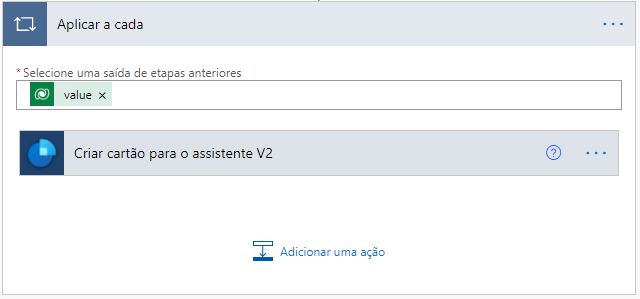 Aplicar a cada um contém o valor das etapas anteriores e Criar cartão para o assistente V2.