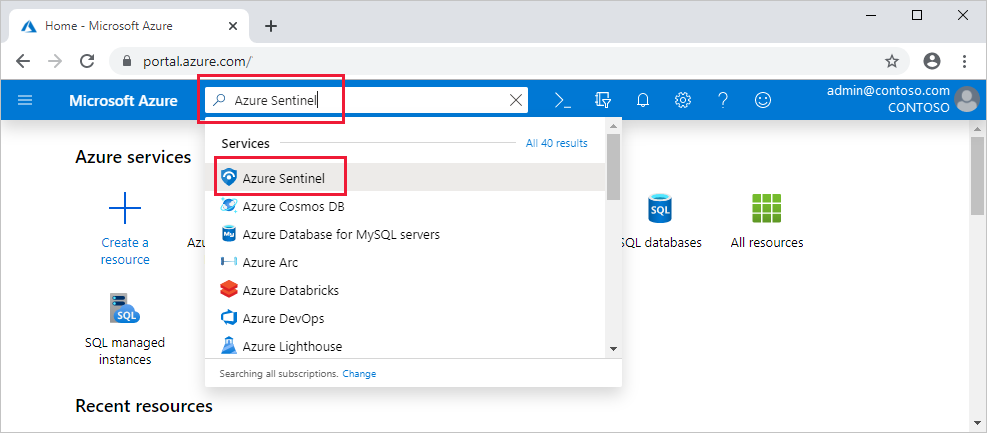 Screenshot of Microsoft Sentinel selection in the Azure portal.