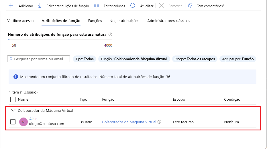 Screenshot that shows the Virtual Machine Contributor role assigned to a user.