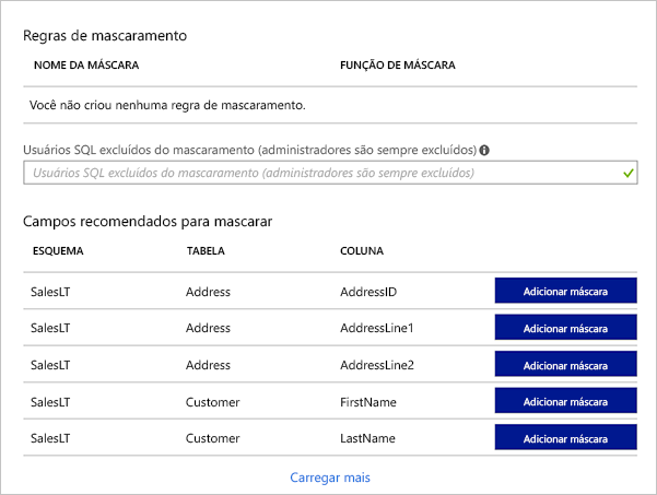 Captura de tela do portal do Azure mostrando uma lista das máscaras recomendadas para as várias colunas de um banco de dados de exemplo.