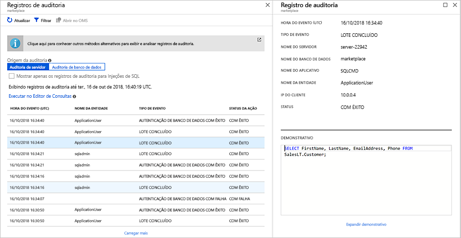 A captura de tela mostra um exemplo de evento no log de auditoria.