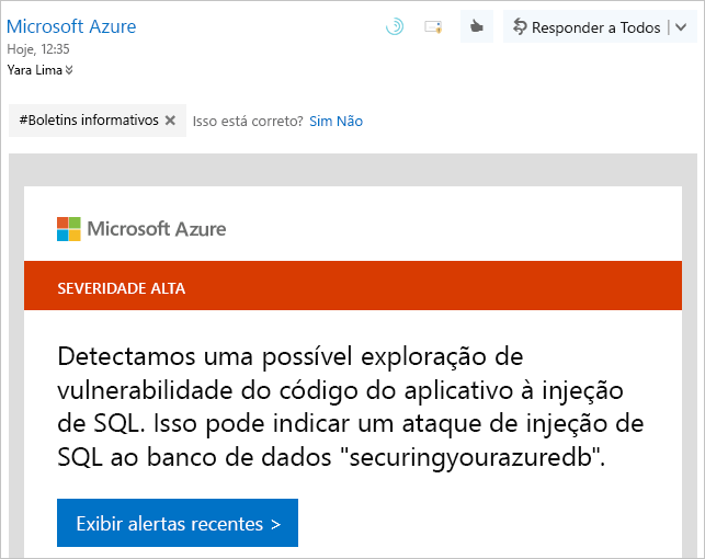 A captura de tela mostra um exemplo de aviso de notificação do Microsoft Defender para Nuvem.