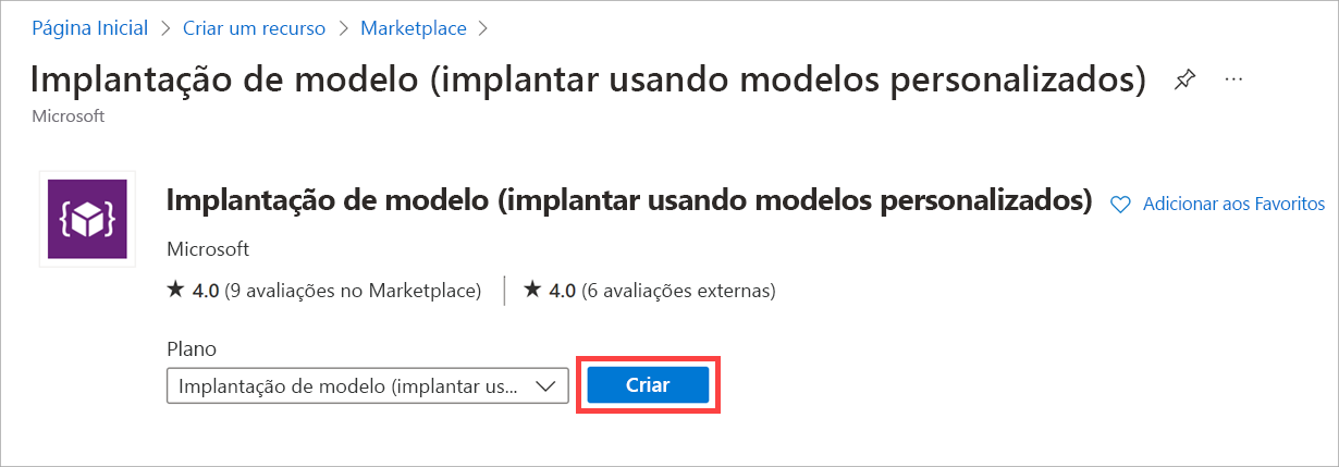 Captura de tela mostrando o item Implantação de Modelo selecionado com o botão Criar realçado.