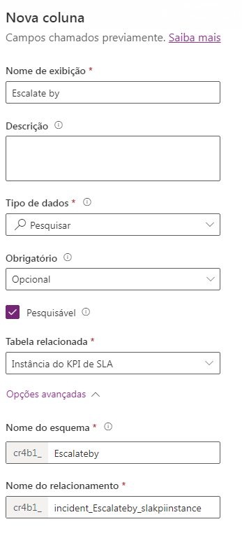 Captura de tela das propriedades Escalar por com o conjunto de opções Nome, Tipo de dados, Tabela relacionada e Obrigatório.