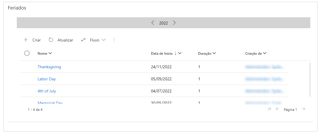 Captura de tela da página Feriados mostrando feriados nos EUA com entradas de Data de início e Duração.