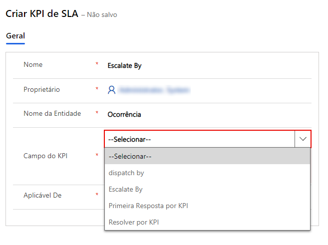 Captura de tela da tela Novo K P I de S L A com o Campo de K P I expandido para mostrar o novo campo Escalonar até.