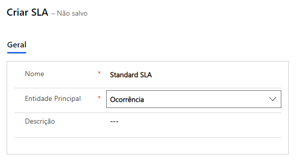 Captura de tela da nova caixa de diálogo de S L A mostrando o S L A padrão nomeado.