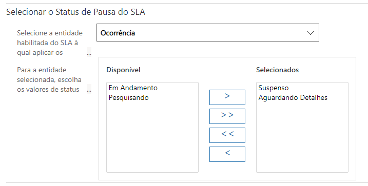 Captura de tela de Selecionar status de pausa de SLA mostrando os status Disponível e Selecionado.