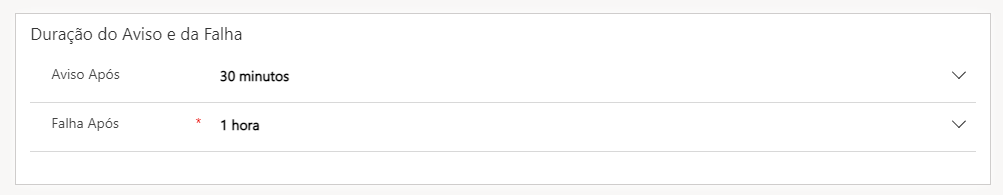 Captura de tela da caixa de diálogo Duração do Aviso e da Falha com Aviso Após definido como 30 minutos e Falha Após definido como uma hora.