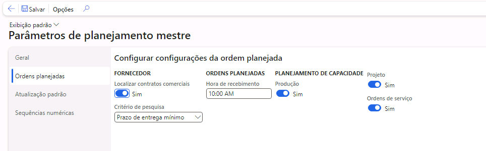 Captura de tela da página Definir configurações da ordem planejada.