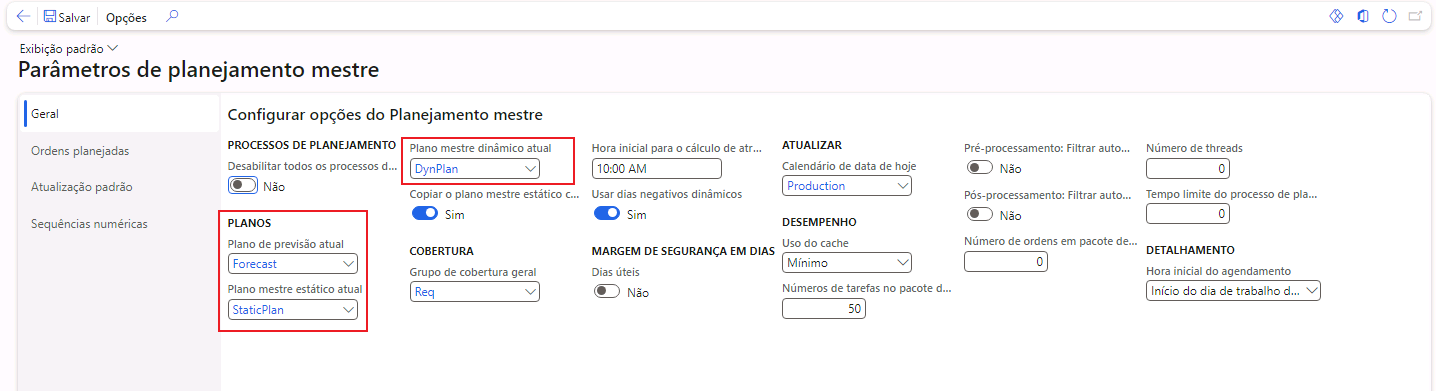 Captura de tela da página Parâmetros de planejamento mestre com o grupo de campos Planos realçado.