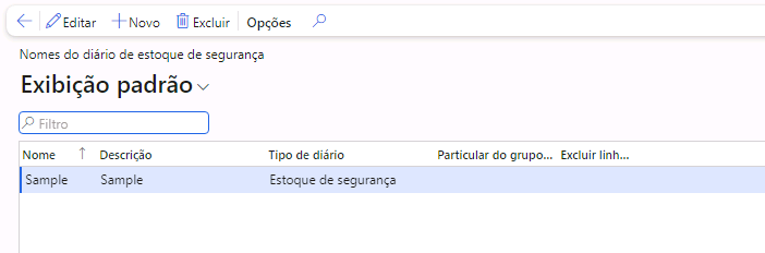 Captura de tela da página Nomes do diário de estoque de segurança.