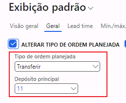 Captura de tela do campo Tipo de ordem planejada atualizado para Transferência.